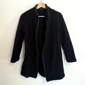 Eileen Fisher Black Wool Jacket, With Leather Trim, Small.